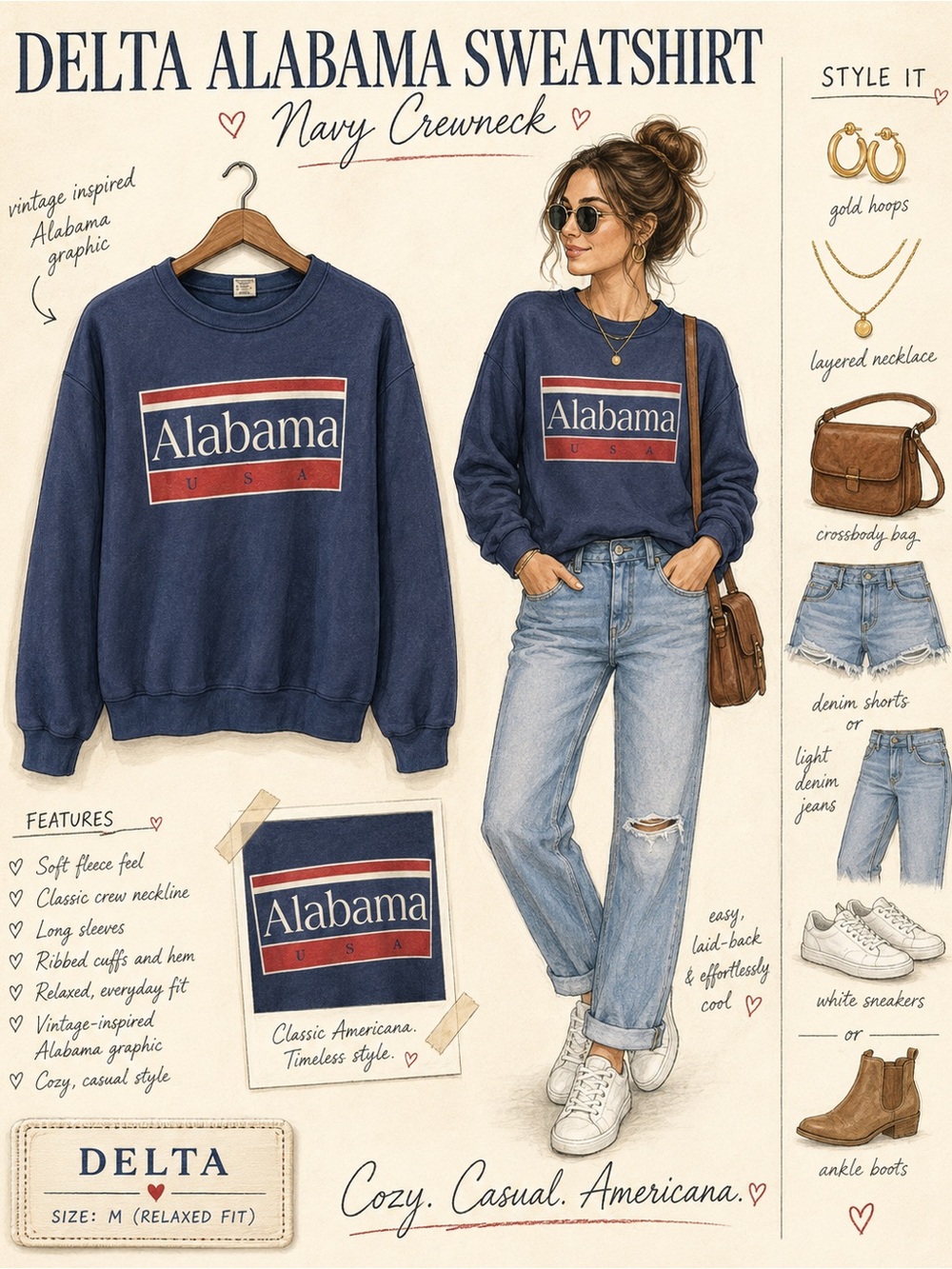 Delta Navy Crewneck Sweatshirt with Red & White Alabama Graphic